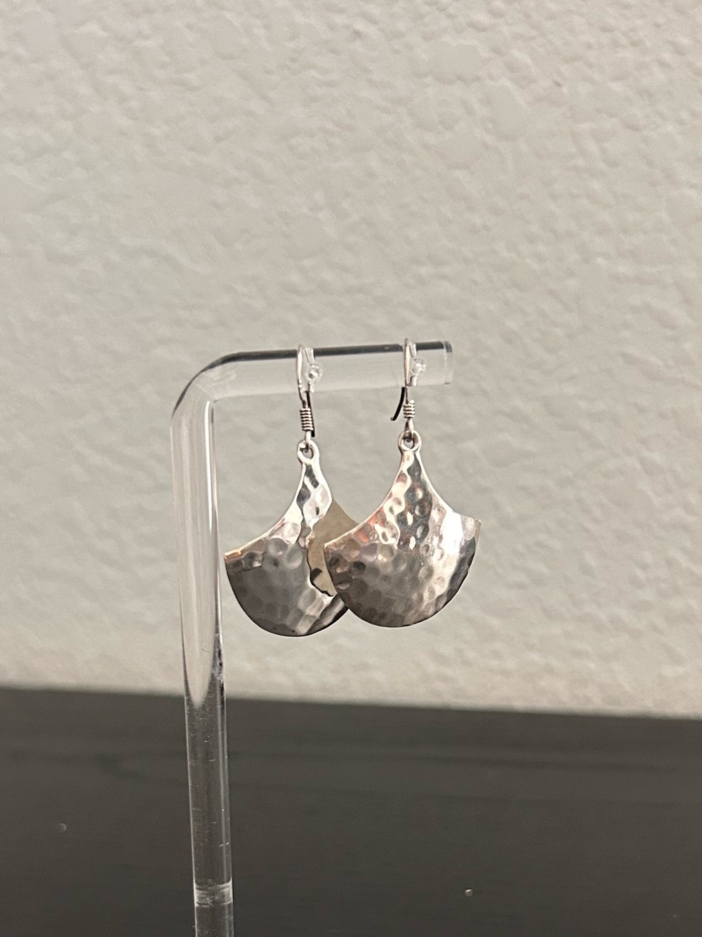 Hammered Silver Fan Dangle Earrings - Textured Silver Fan with 925 Ear Wires